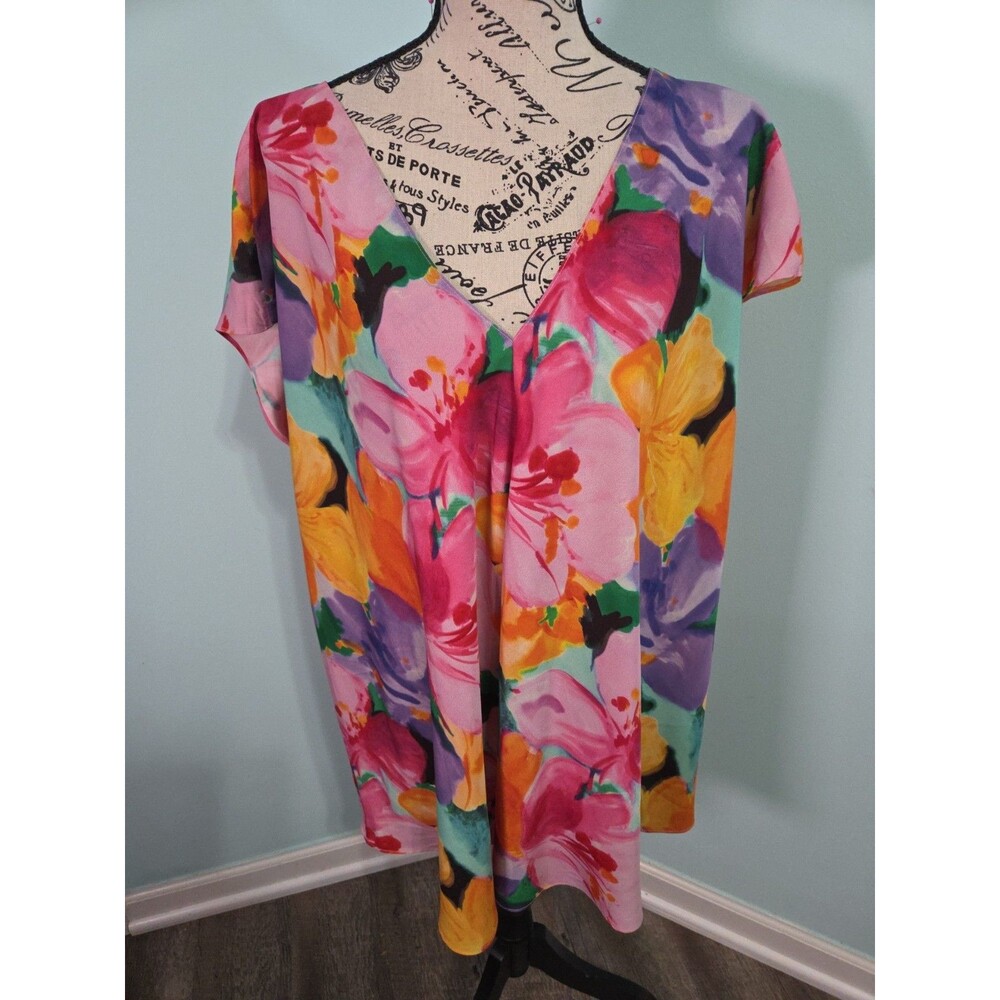 RALPH LAUREN Top Shirt Blouse MULTI Pink FLORAL V Neck LOOSE Fit 3x